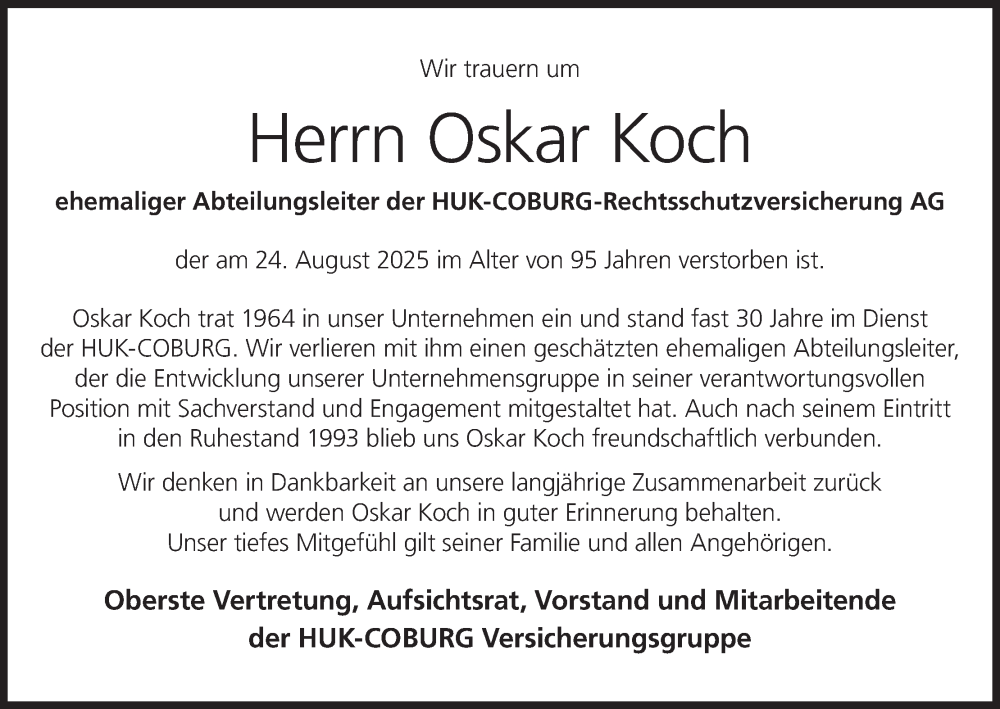 Traueranzeige für Oskar Koch vom 17.09.2025 aus MGO