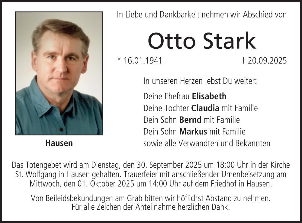  Traueranzeige für Otto Stark vom 27.09.2025 aus MGO