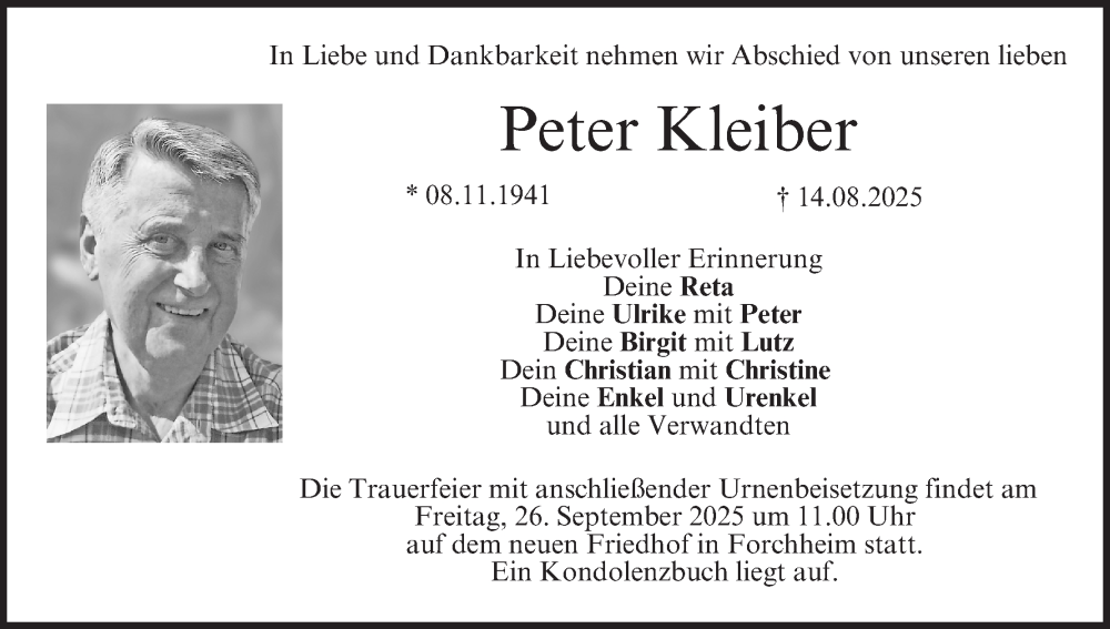  Traueranzeige für Peter Kleiber vom 20.09.2025 aus MGO