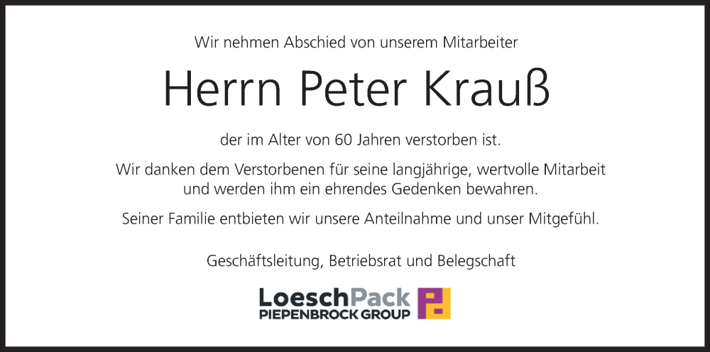  Traueranzeige für Peter Krauß vom 20.09.2025 aus MGO