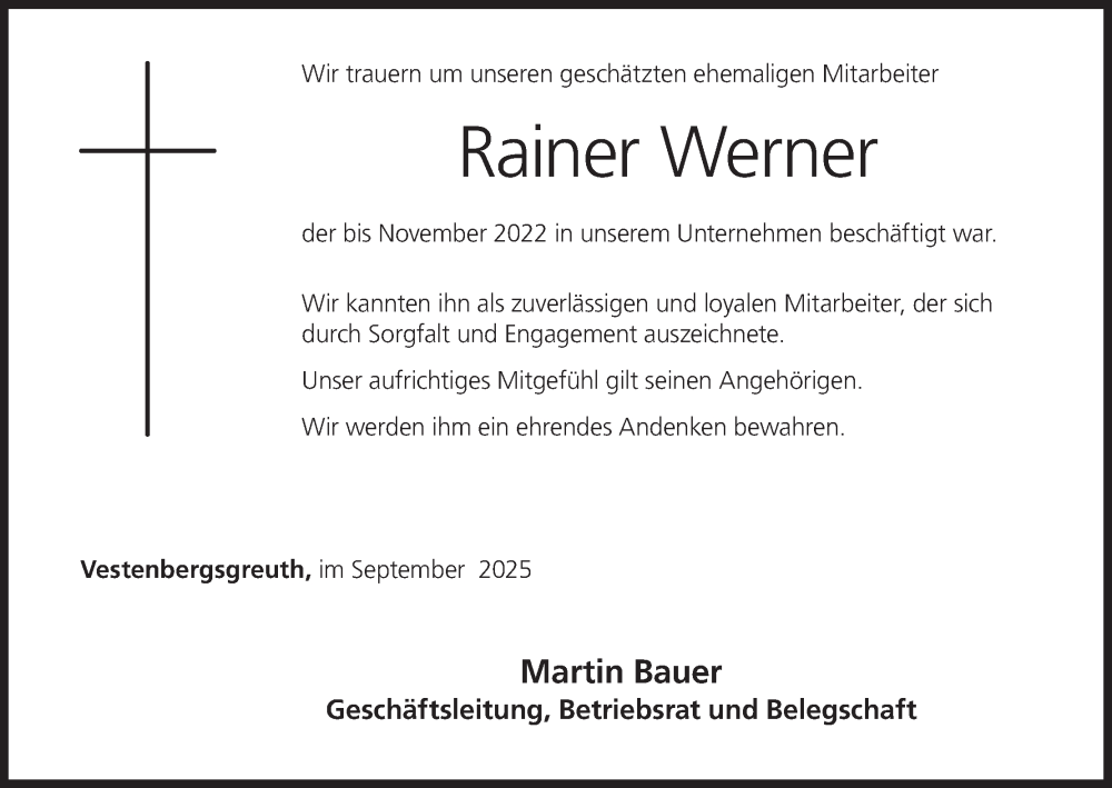  Traueranzeige für Rainer Werner vom 03.09.2025 aus MGO