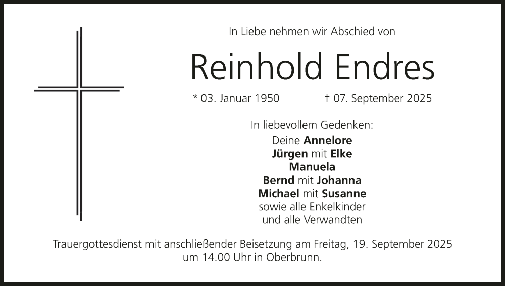  Traueranzeige für Reinhold Endres vom 13.09.2025 aus MGO