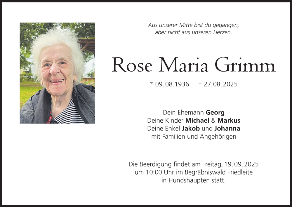  Traueranzeige für Rose Maria Grimm vom 13.09.2025 aus MGO