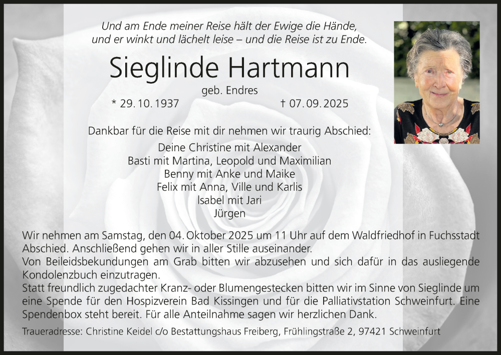  Traueranzeige für Sieglinde Hartmann vom 27.09.2025 aus MGO