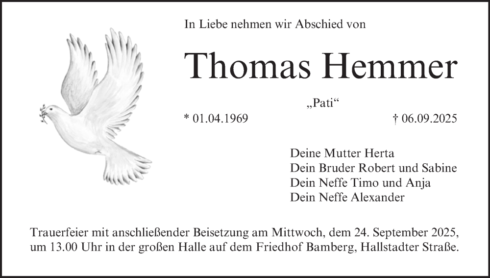  Traueranzeige für Thomas Hemmer vom 20.09.2025 aus MGO