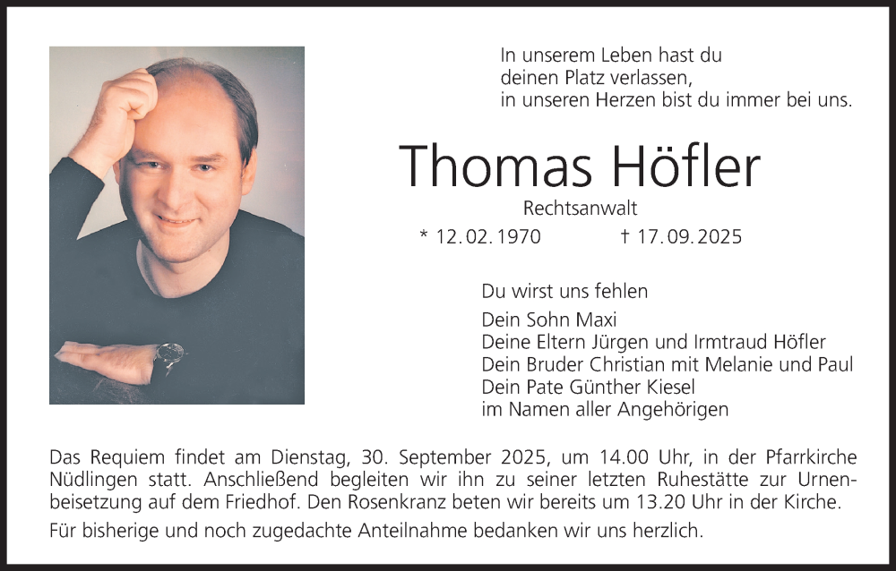  Traueranzeige für Thomas Höfler vom 27.09.2025 aus MGO