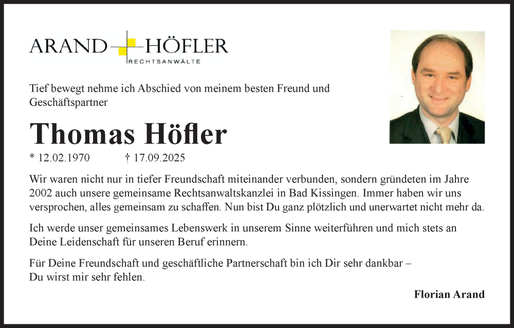  Traueranzeige für Thomas Höfler vom 27.09.2025 aus MGO