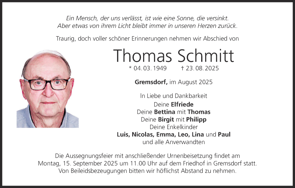  Traueranzeige für Thomas Schmitt vom 13.09.2025 aus MGO