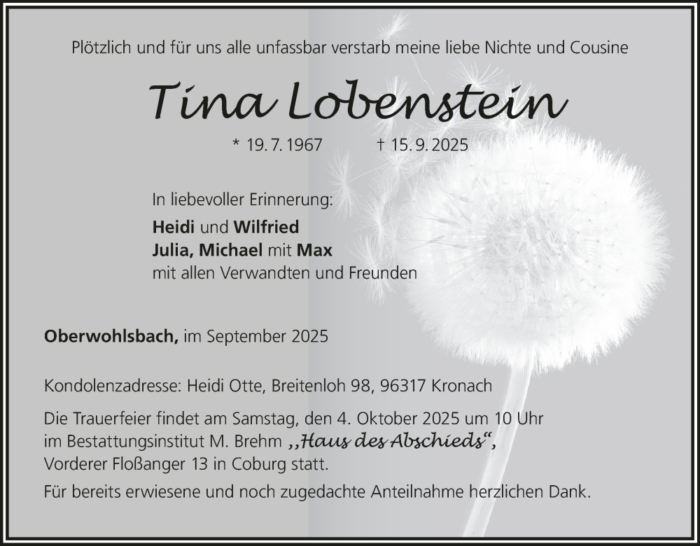 Traueranzeige für Tina Lobenstein vom 20.09.2025 aus MGO