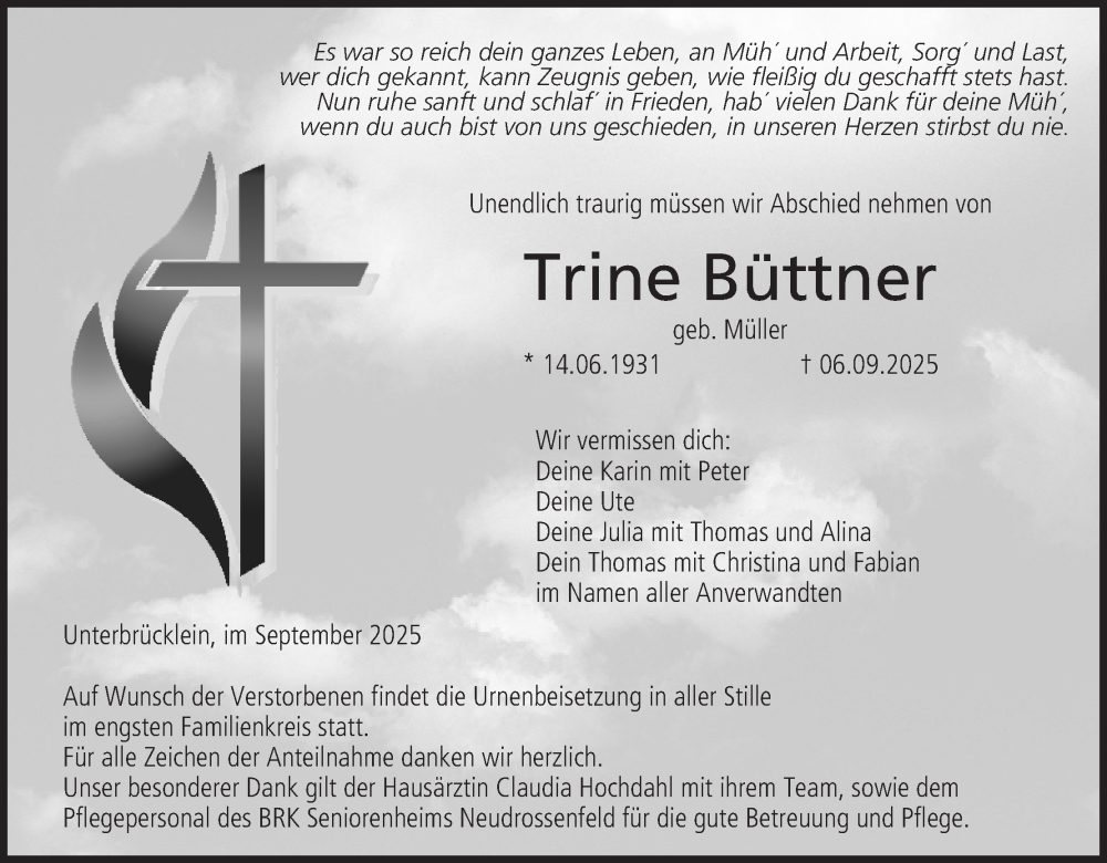  Traueranzeige für Trine Büttner vom 13.09.2025 aus MGO
