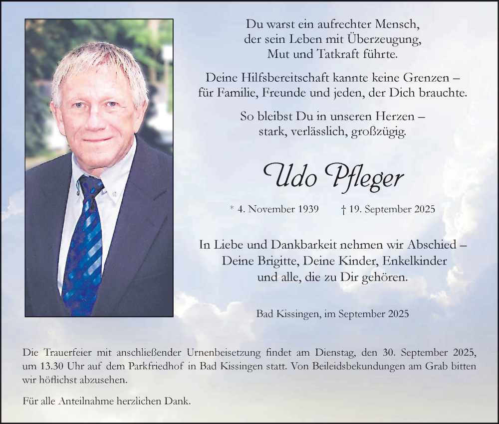  Traueranzeige für Udo Pfleger vom 27.09.2025 aus MGO