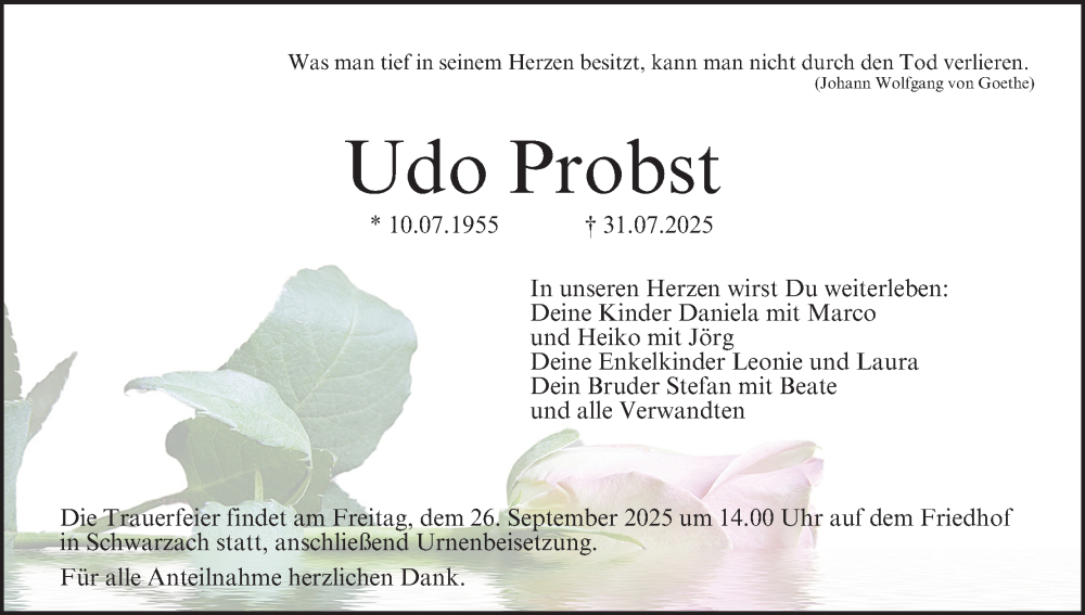  Traueranzeige für Udo Probst vom 13.09.2025 aus MGO