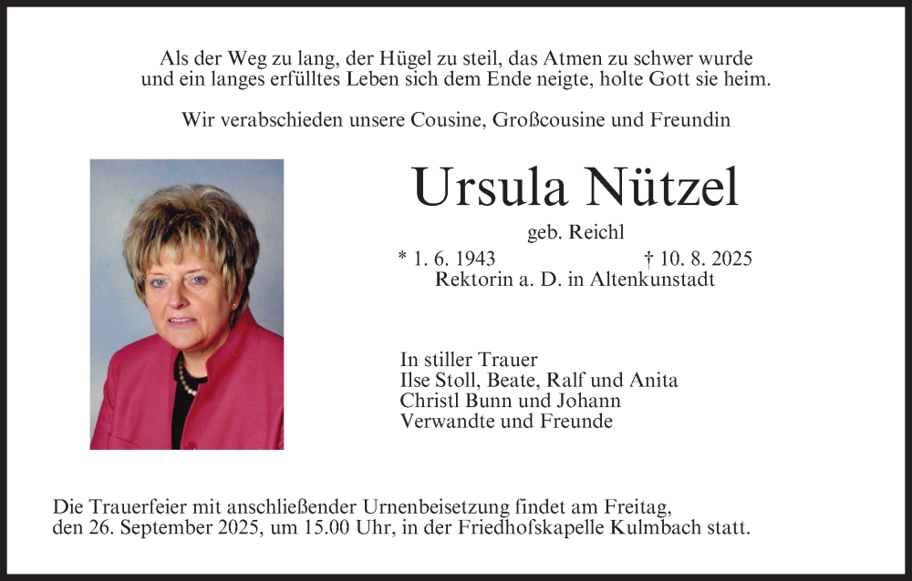  Traueranzeige für Ursula Nützel vom 20.09.2025 aus MGO