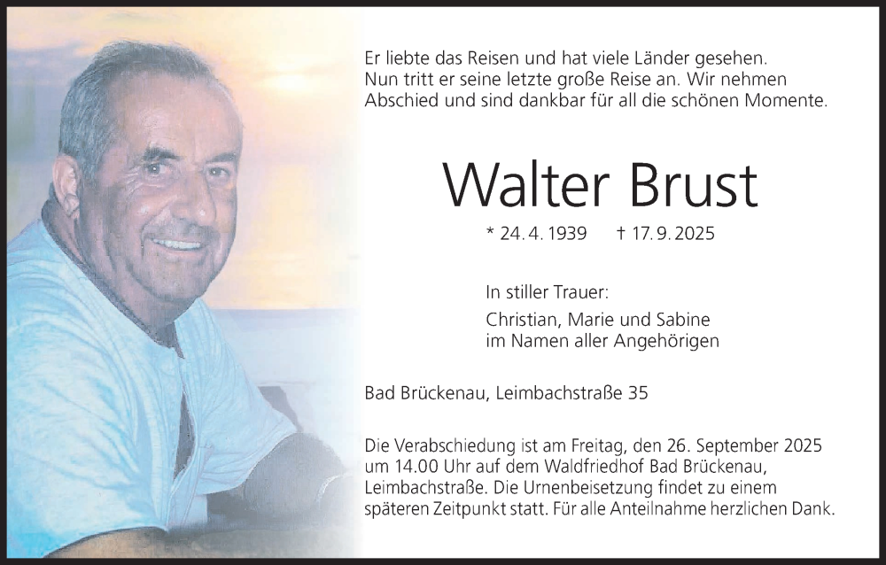  Traueranzeige für Walter Brust vom 20.09.2025 aus MGO