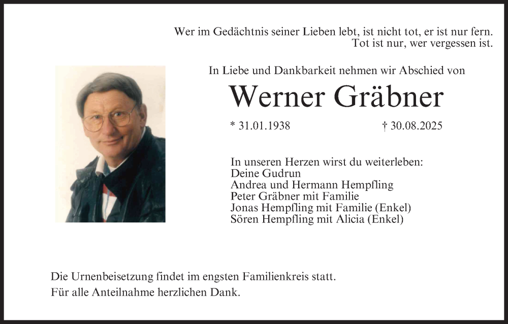  Traueranzeige für Werner Gräbner vom 06.09.2025 aus MGO