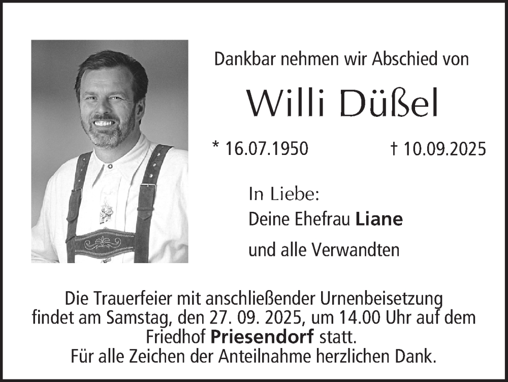  Traueranzeige für Willi Düßel vom 20.09.2025 aus MGO