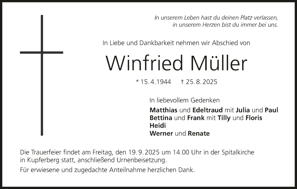  Traueranzeige für Winfried Müller vom 13.09.2025 aus MGO