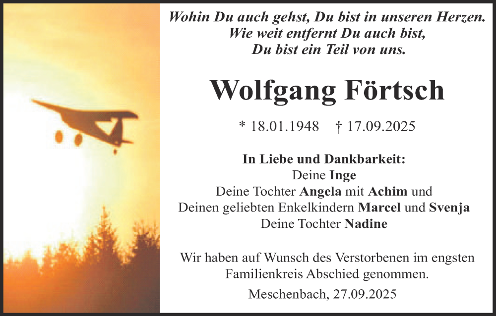  Traueranzeige für Wolfgang Förtsch vom 27.09.2025 aus MGO