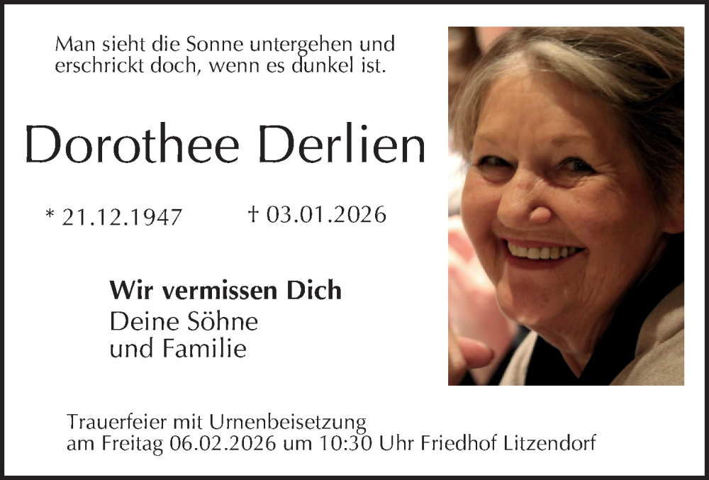  Traueranzeige für Dorothee Derlien vom 10.01.2026 aus MGO