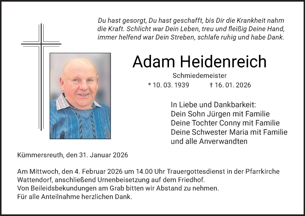  Traueranzeige für Adam Heidenreich vom 31.01.2026 aus MGO