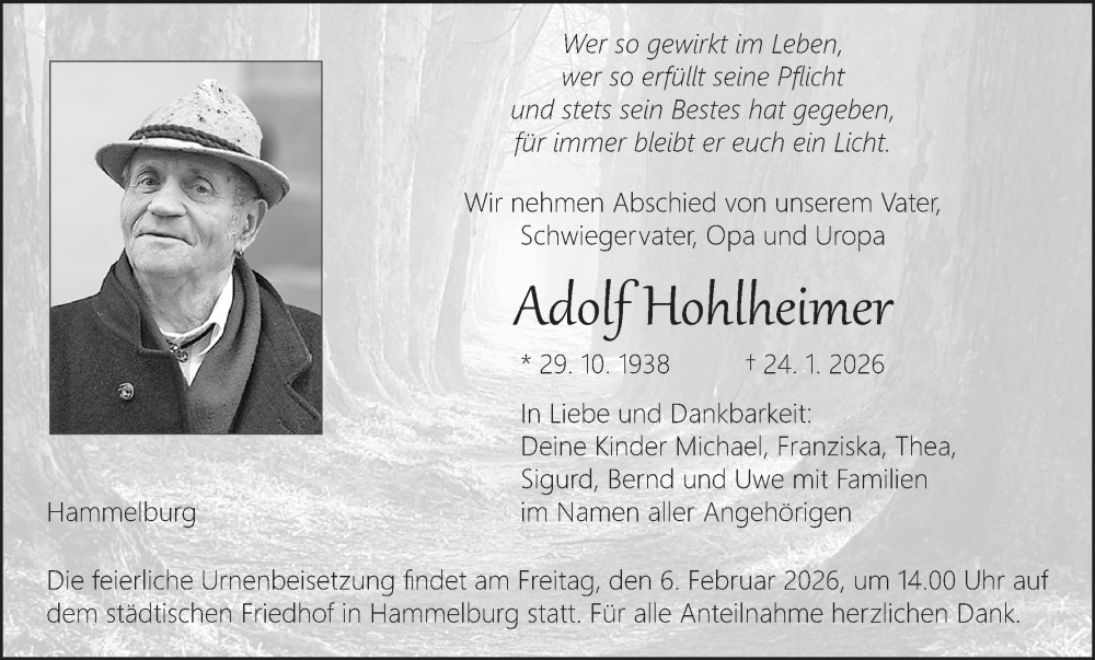  Traueranzeige für Adolf Hohlheimer vom 31.01.2026 aus MGO