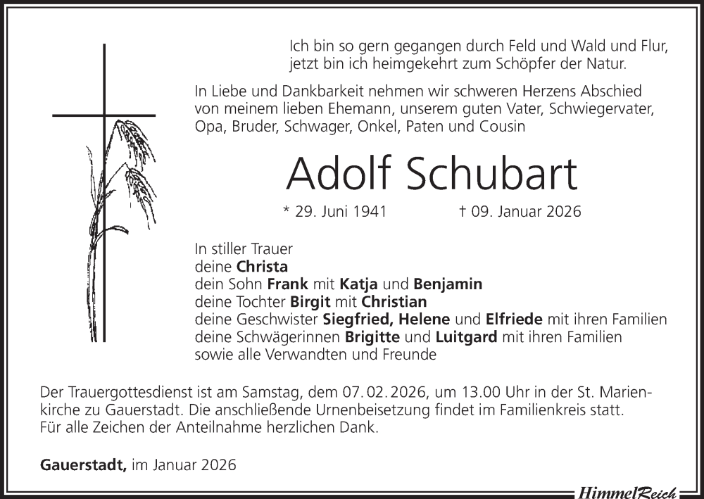  Traueranzeige für Adolf Schubart vom 24.01.2026 aus MGO