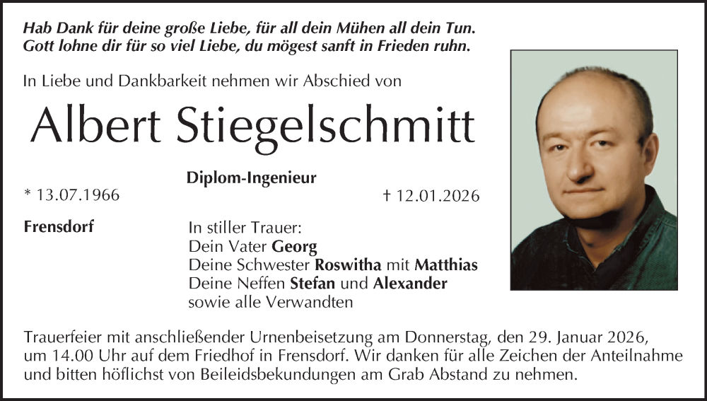  Traueranzeige für Albert Stiegelschmitt vom 24.01.2026 aus MGO