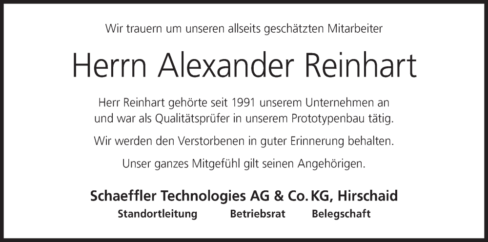  Traueranzeige für Alexander Reinhart vom 17.01.2026 aus MGO