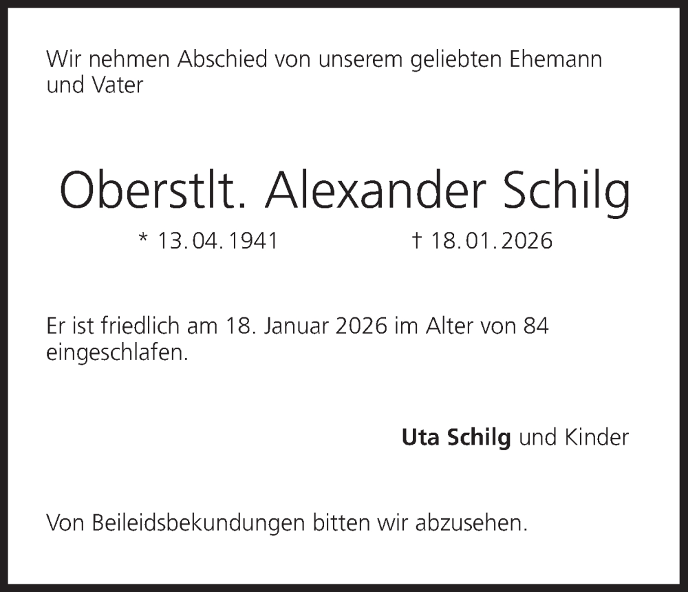  Traueranzeige für Alexander Schilg vom 24.01.2026 aus MGO