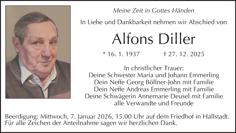  Traueranzeige für Alfons Diller vom 03.01.2026 aus MGO