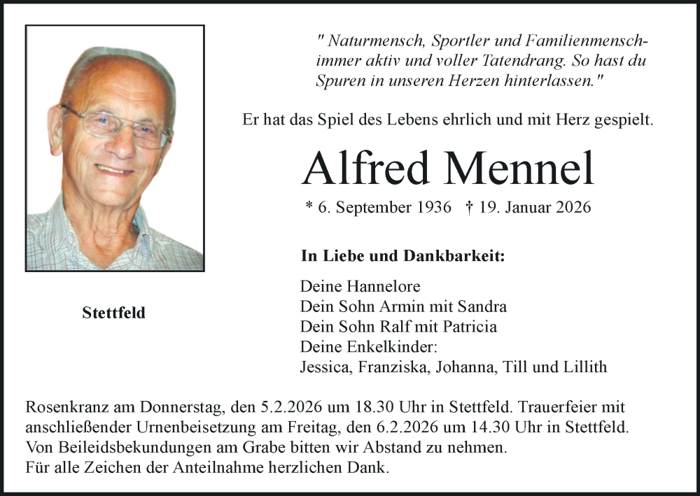  Traueranzeige für Alfred Mennel vom 31.01.2026 aus MGO