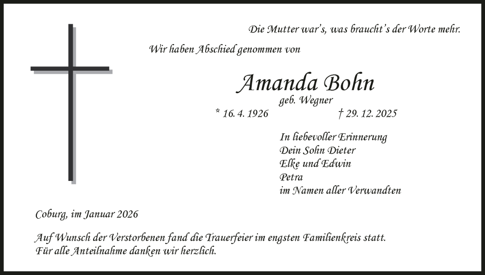  Traueranzeige für Amanda Bohn vom 17.01.2026 aus MGO