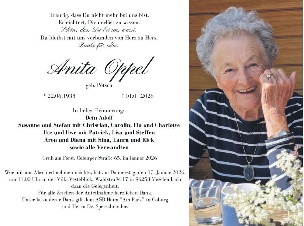  Traueranzeige für Anita Oppel vom 10.01.2026 aus MGO