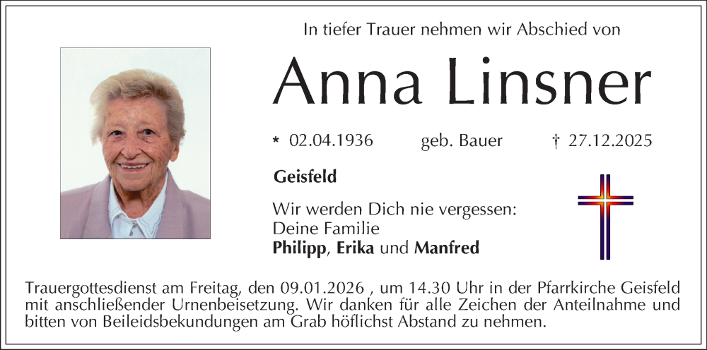  Traueranzeige für Anna Linsner vom 03.01.2026 aus MGO