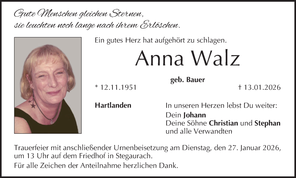  Traueranzeige für Anna Walz vom 17.01.2026 aus MGO