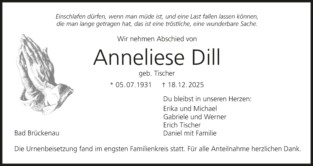  Traueranzeige für Anneliese Dill vom 24.01.2026 aus MGO