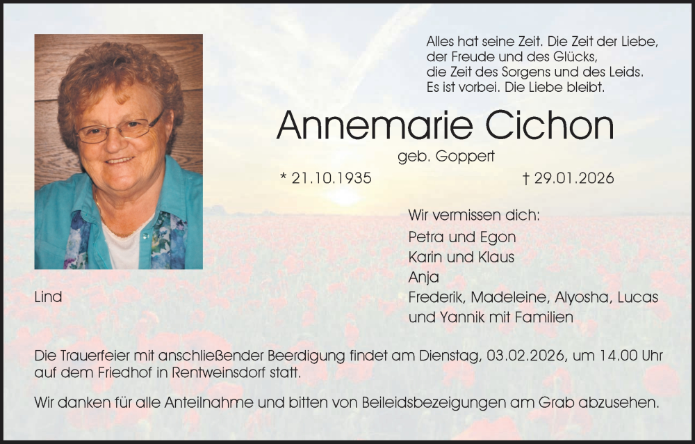  Traueranzeige für Annemarie Cichon vom 31.01.2026 aus MGO