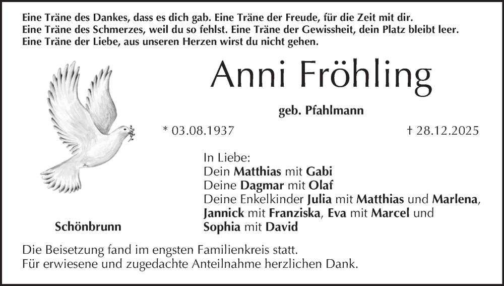 Traueranzeige für Anni Fröhling vom 24.01.2026 aus MGO