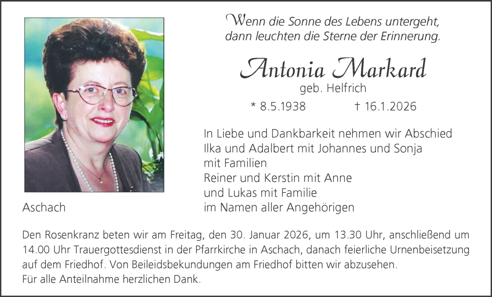  Traueranzeige für Antonia Markard vom 24.01.2026 aus MGO