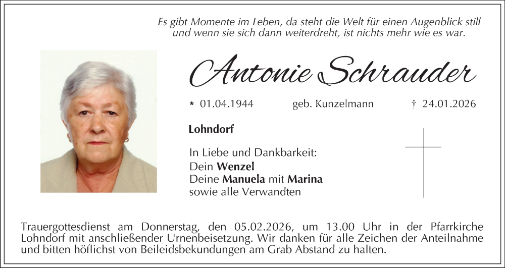  Traueranzeige für Antonie Schrauder vom 31.01.2026 aus MGO