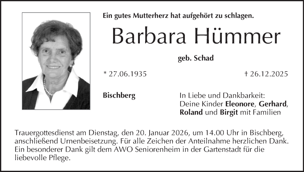  Traueranzeige für Barbara Hümmer vom 17.01.2026 aus MGO