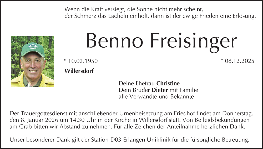  Traueranzeige für Benno Freisinger vom 03.01.2026 aus MGO