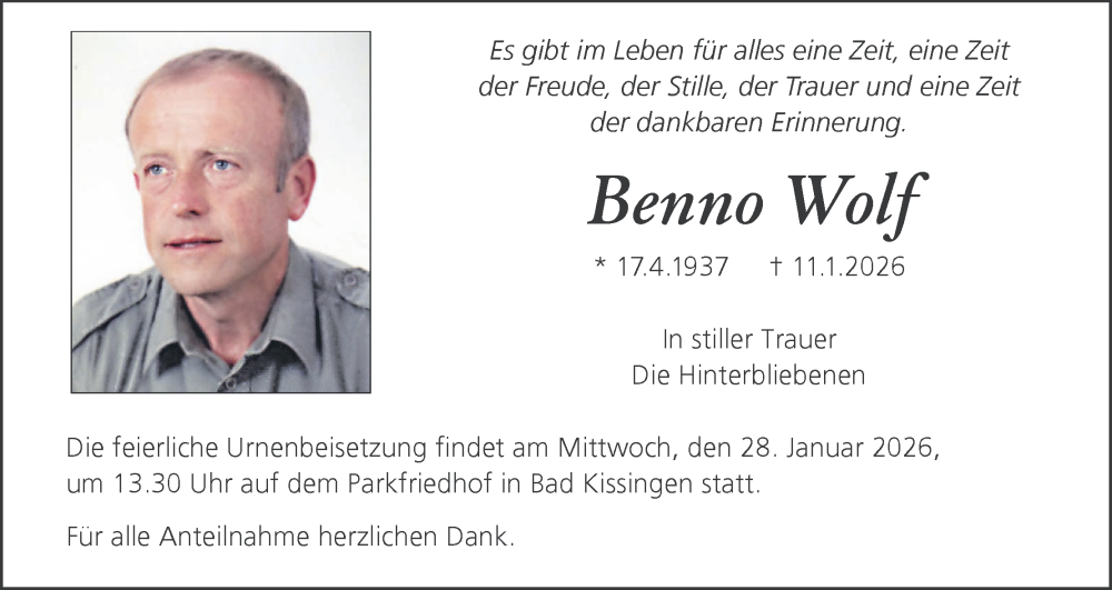  Traueranzeige für Benno Wolf vom 17.01.2026 aus MGO