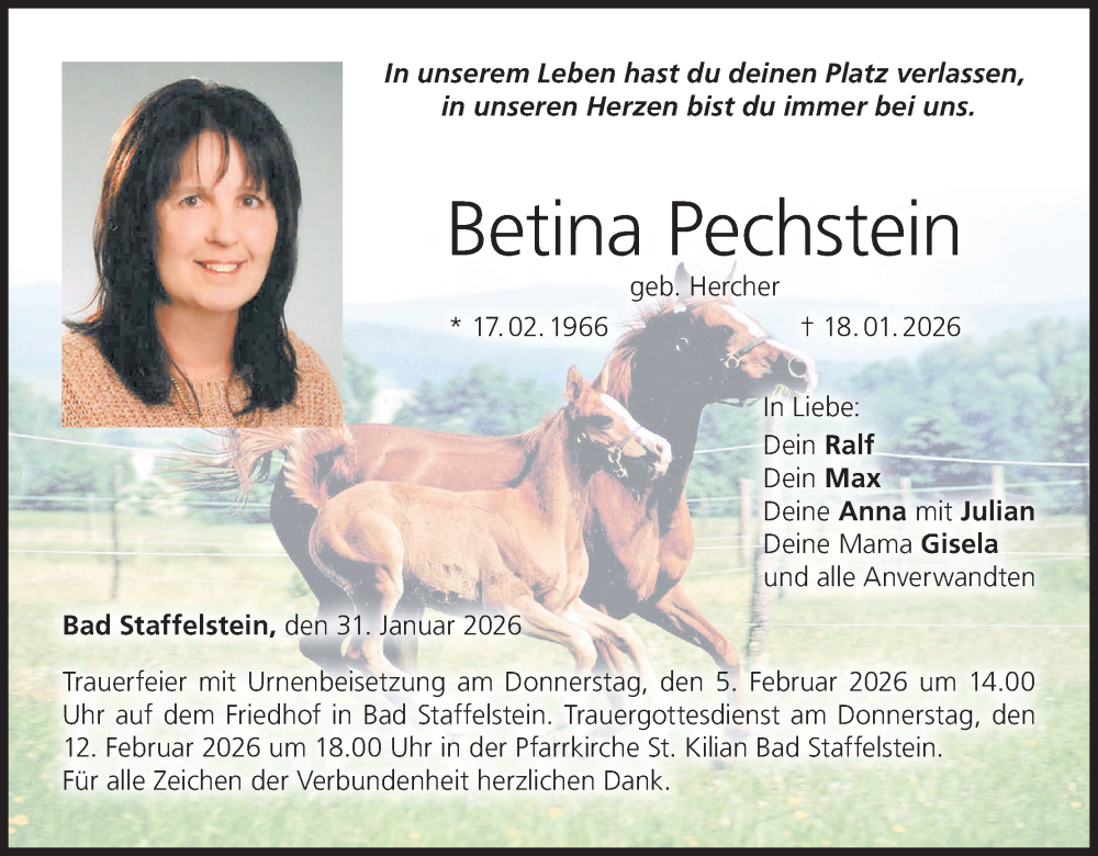  Traueranzeige für Betina Pechstein vom 31.01.2026 aus MGO