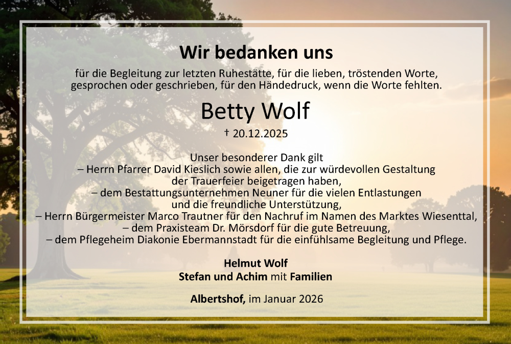  Traueranzeige für Betty Wolf vom 17.01.2026 aus MGO