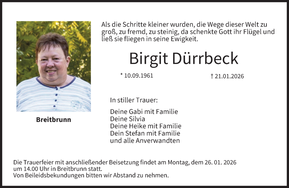  Traueranzeige für Birgit Dürrbeck vom 24.01.2026 aus MGO