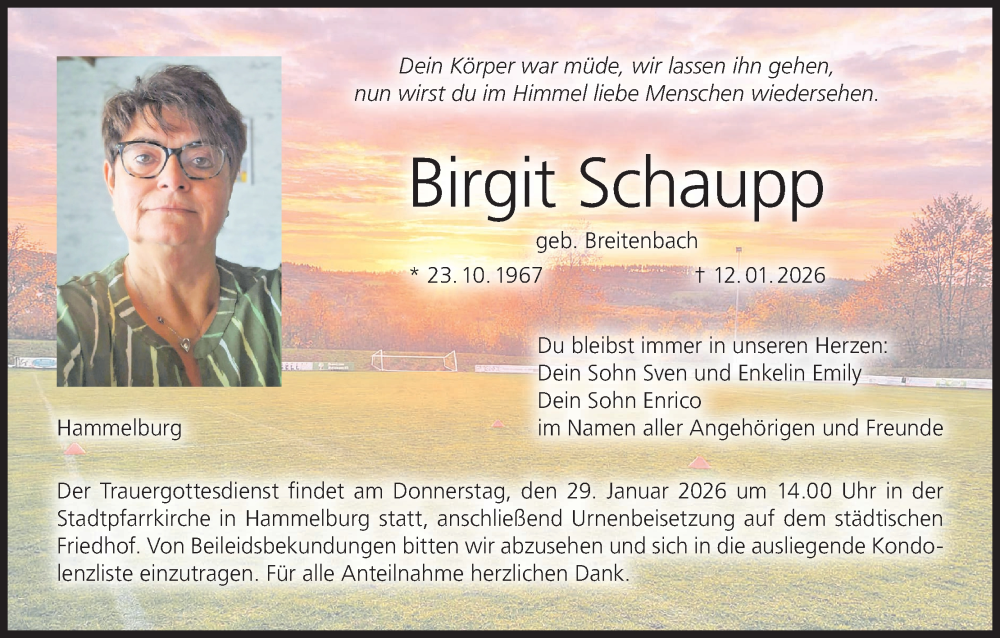  Traueranzeige für Birgit Schaupp vom 21.01.2026 aus MGO