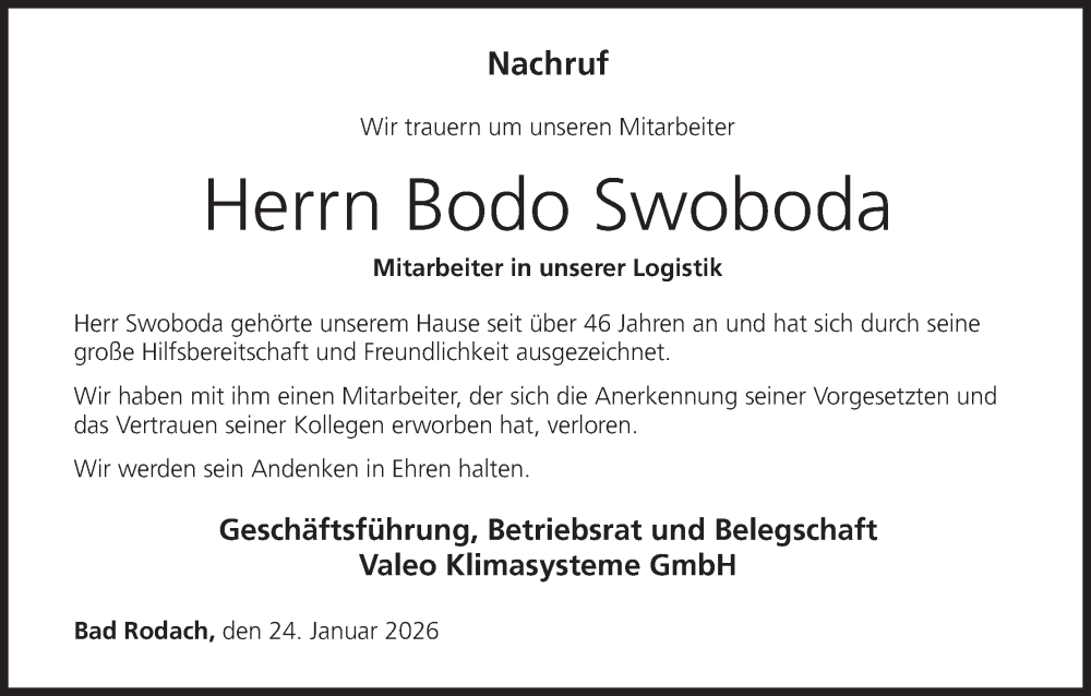  Traueranzeige für Bodo Swoboda vom 24.01.2026 aus MGO