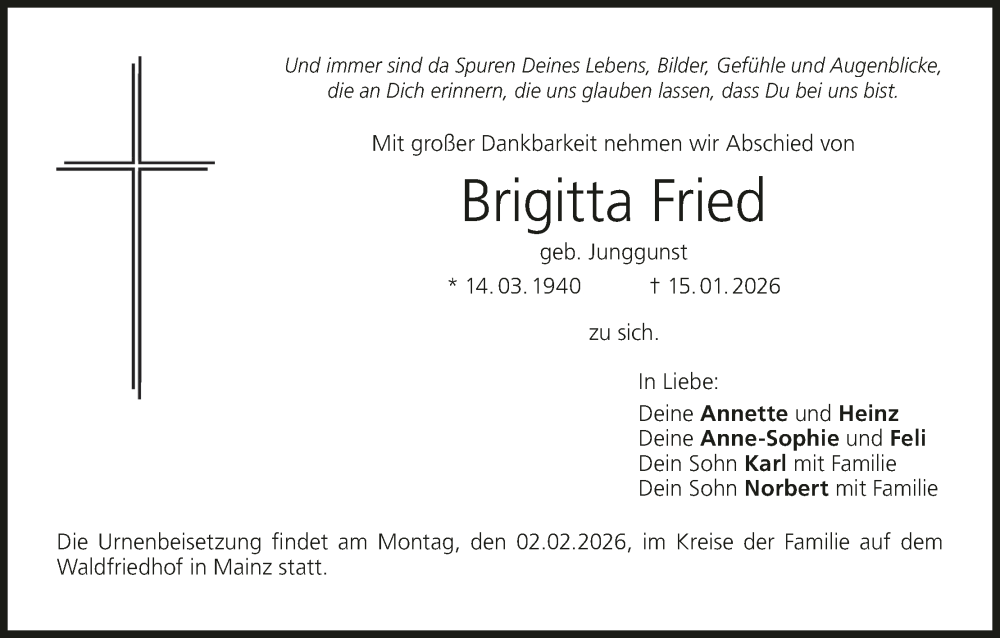  Traueranzeige für Brigitta Fried vom 24.01.2026 aus MGO