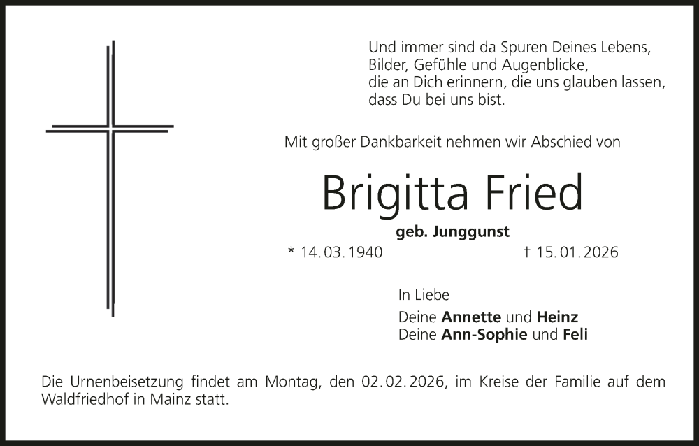  Traueranzeige für Brigitta Fried vom 31.01.2026 aus MGO